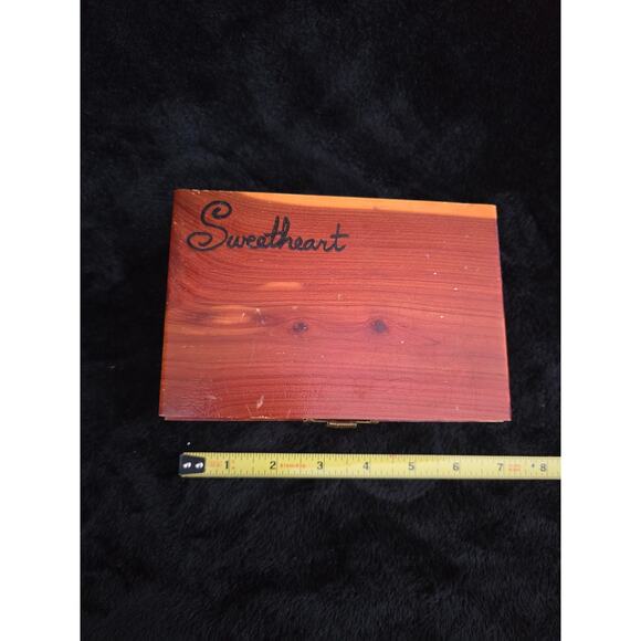 Vintage Hinged Cedar Box Sweetheart Script Lid Jewelry or Memory Box - Picture 1 of 4